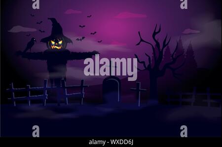 scarecrow with tomb in halloween scene Stock Vector