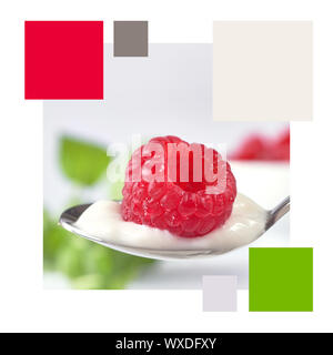Trendy color matching complementary palette from  close-up square image of raspberry on spoon of yogurt with fresh mint leaves on light stone greyl ba