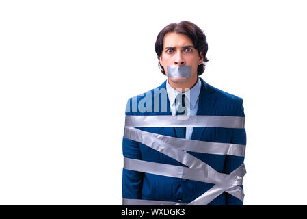 Tied employee with tape on mouth isolated on white Stock Photo