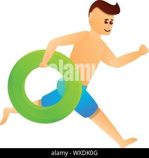 Man running with pool ring icon. Cartoon of man running with pool ring vector icon for web design isolated on white background Stock Vector