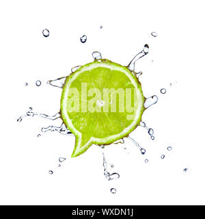 Lime in shape of dialog box with water drops isolated on white Stock Photo