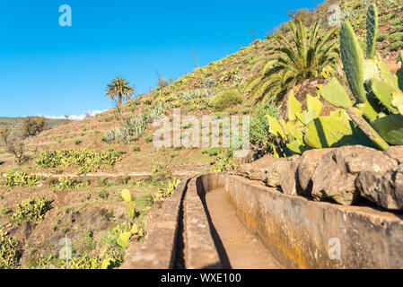 Landscape and hiking trail in the hill country of the island of La Gomera Stock Photo