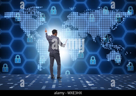 Man in digital security concept pressing button Stock Photo