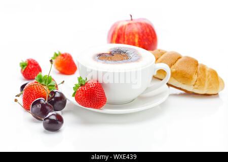cappuccino in a cup in the shape of hearts,cherry,apple ,croissant  and strawberries isolated on white Stock Photo