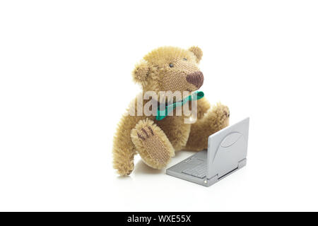 teddy bear and miniature laptop  isolated on white Stock Photo