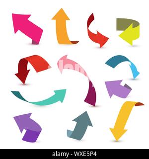 Colorful ribbon arrow set. Arrow stickerst various angles and directions. 3d vector icon set. Stock Vector