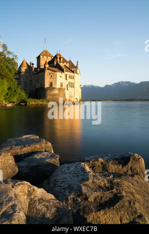Montreux, VD / Switzerland - 31 May 2019: the historic Chillon Castle on the shores of Lake Geneva Stock Photo