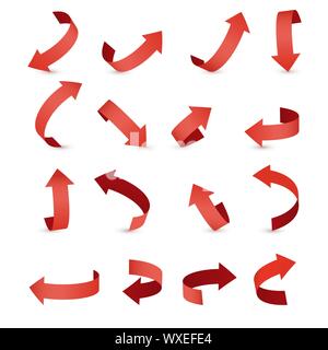 Red ribbon arrow set. Arrow stickerst various angles and directions. Stock Vector