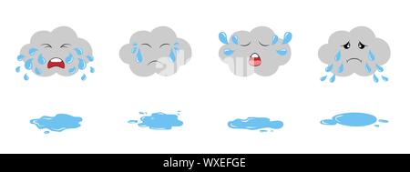 Set of dark crying clouds emoji and puddles. Fluffy rainy clouds. Cute cartoon weeping kawaii clouds collection. Stock Vector