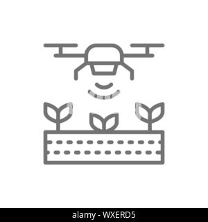 Drone control for seed planting, agriculture line icon. Stock Vector