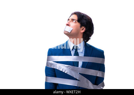 Tied employee with tape on mouth isolated on white Stock Photo