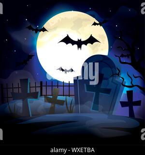 cemetery with bats flying in halloween scene Stock Vector