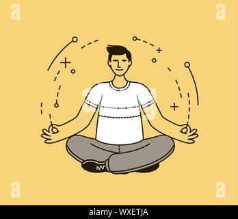 Man doing yoga. Meditation, relax in linear style. Vector illustration Stock Vector