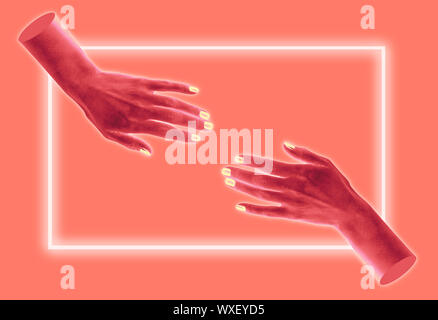 Modern conceptual art poster with a hands in a massurrealism style. Contemporary art collage. Stock Photo