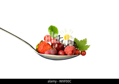 A big spoon full of juicy wild berries of red currant, cherry, raspberry, black currant and shadberry, with green leaves and a c Stock Photo