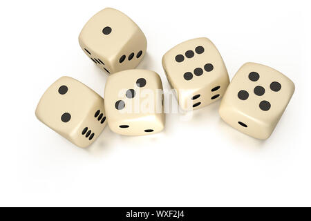 An image of five dice with different numbers on top Stock Photo