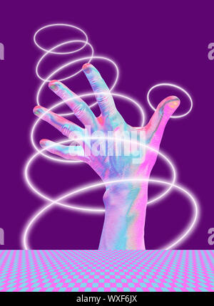 Collage of contemporary art with bright fluorescent neon colorful hands. Stock Photo