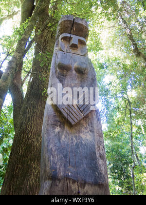 Wooden statue, in the middle of the Huilo Huilo Biological Reserve, regressing animals and Mapuche mystical characters from southern Chile. Los Ríos Stock Photo