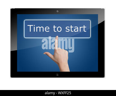 Tablet PC with Woman hand pressing a button with word " Time to start " on blue background Stock Photo