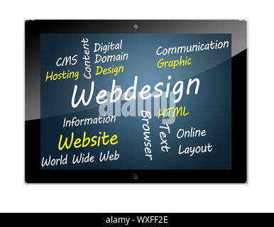 Tablet PC with Webdesign wordcloud concept illustration Stock Photo