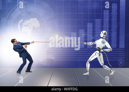 Competition between humans and robots in tug of war concept Stock Photo