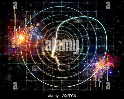 Intelligence series. Arrangement of human head outlines, lights and fractal elements on the subject of intelligence, knowledge, education, science and Stock Photo