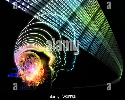 Intelligence series. Interplay of human head outlines, lights and fractal elements on the subject of intelligence, knowledge, education, science and t Stock Photo