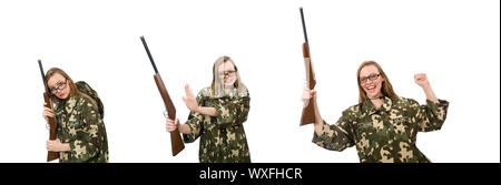 Girl in military uniform holding the gun isolated on white Stock Photo