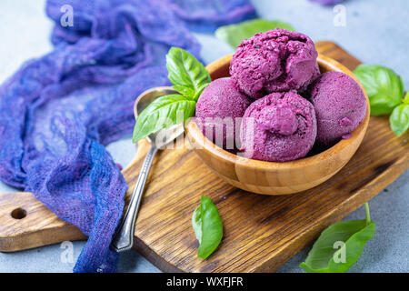 Bowl of artisanal blueberry ice cream. Stock Photo