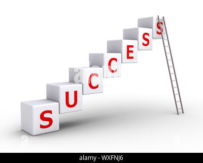 3d cubes forming success word and a ladder leaning on the last cube Stock Photo