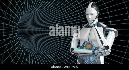 Thinking Humanoid Robot Data Tube Stock Photo