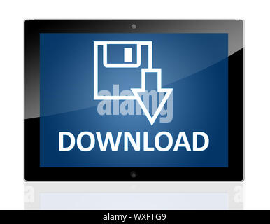 Tablet PC with a Disk Icon and word Download on blue background - isolated on white background Stock Photo