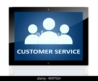 Tablet PC with people icons and words customer service on blue background - isolated on white background Stock Photo