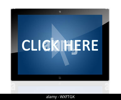 Tablet PC with a mouse cursor icon and words Click Here on blue background - isolated on white background Stock Photo