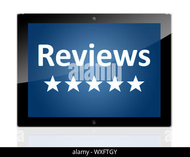 Tablet PC with a star icons and word Reviews on blue background - isolated on white background Stock Photo