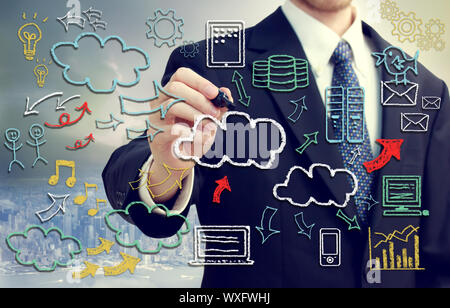 Businessman with hand written cloud computing themed texts and pictures Stock Photo