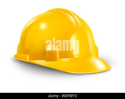 Construction hard hat as a work safety symbol of the renovations and home improvement builder industry on a white background. Stock Photo