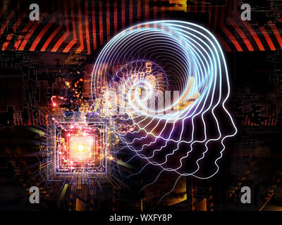 Abstract design made of outlines of human head, technological and fractal elements on the subject of artificial intelligence, computer science and fut Stock Photo