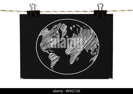 black poster with world map hanging on a rope Stock Photo