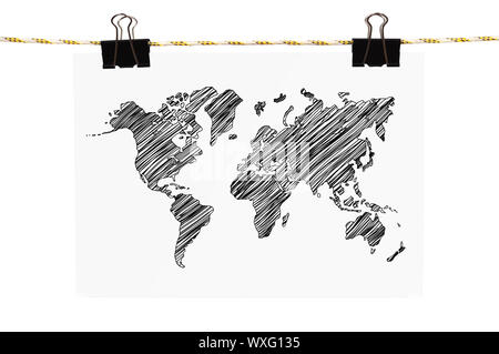 poster with world map hanging on a rope Stock Photo