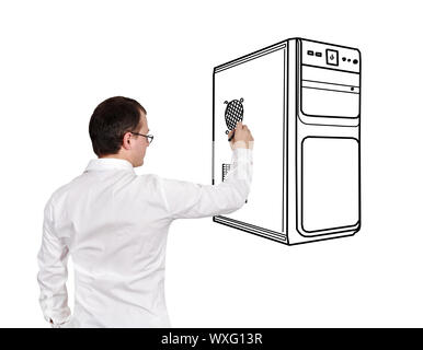 businessman drawing computer system unit on a white background Stock Photo