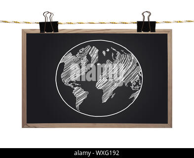 blackboard with earth hanging on a rope Stock Photo