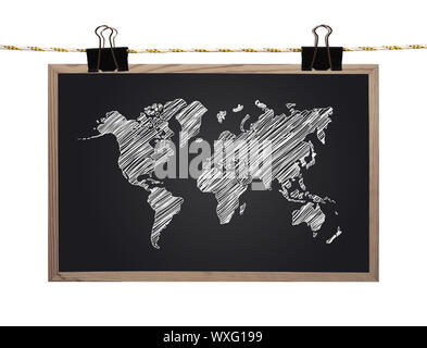 blackboard with world map  hanging on a rope Stock Photo