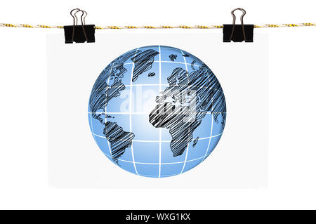poster with globe hanging on a rope Stock Photo