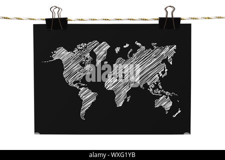 poster with world map hanging on rope Stock Photo