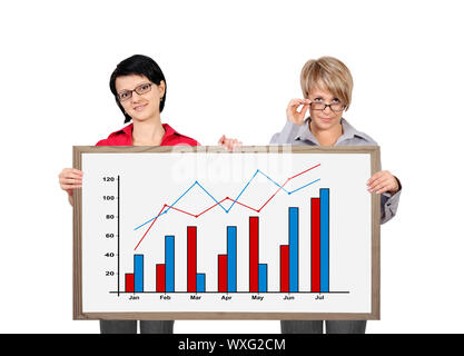 two businesswoman holding a blackboard with chart profits Stock Photo