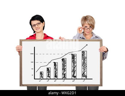 two businesswoman holding a blackboard with chart profits Stock Photo