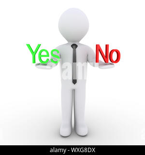 3d businessman is having on his hands the Yes and No words Stock Photo