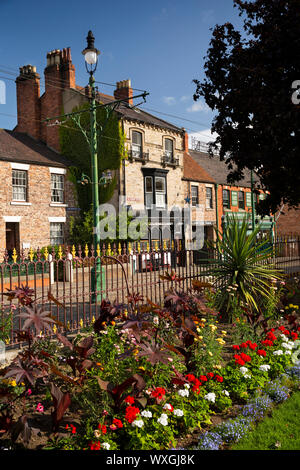 UK, County Durham, Beamish, Museum, Town, floral planting in Redman Park borders Stock Photo