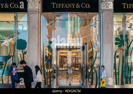 MILAN, ITALY - MAY 30, 2019: Tiffany or Tiffany's is an American worldwide luxury jewelry and specialty retailer, headquartered in New York City. Stock Photo